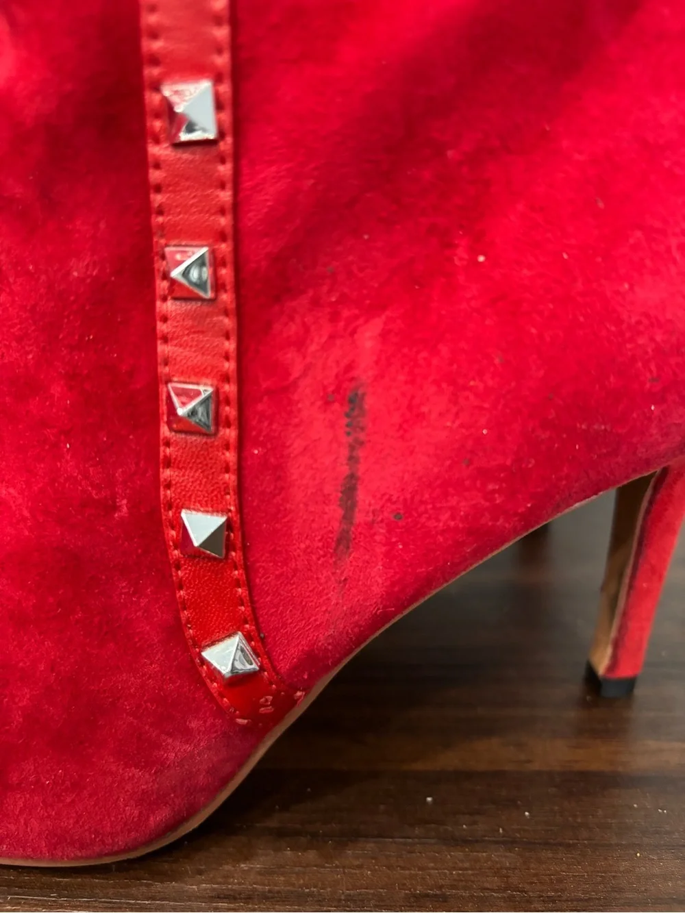 Valentino Garavani Red Suede Pyramid-Stud Ankle Boots